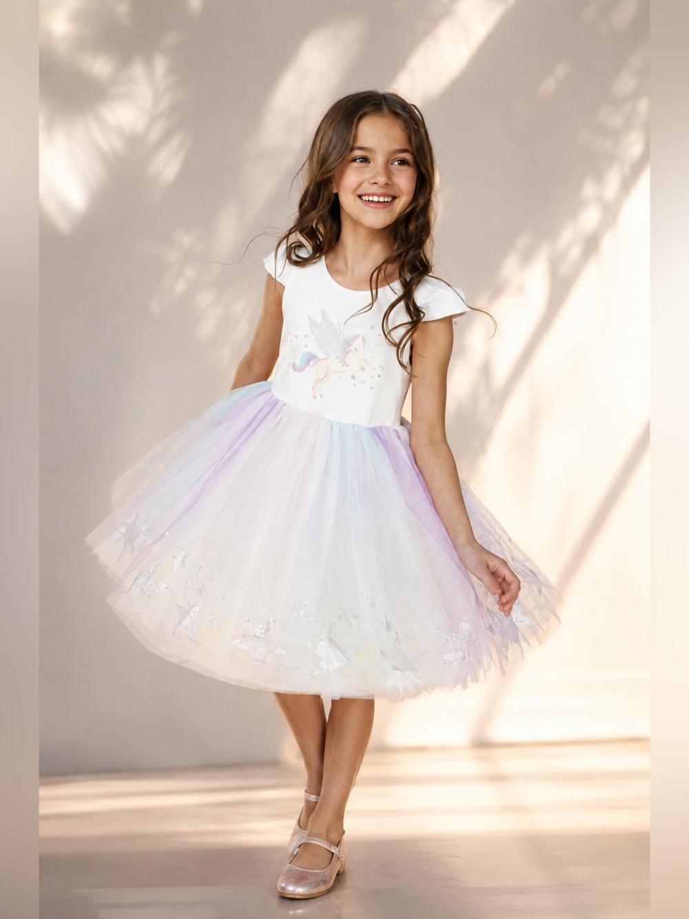 Lola + The Boys Glitter Wing Unicorn Pastel Tulle Dress, Girls Size 12